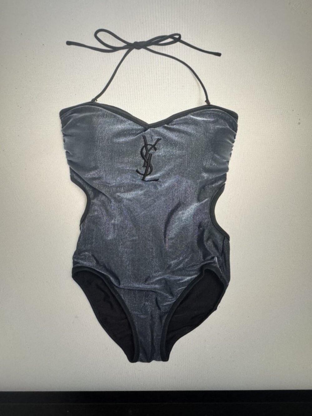 Yves Saint Laurent Vintage Navy Iridescent Cut-Out One-Piece Swimsuit with YSL